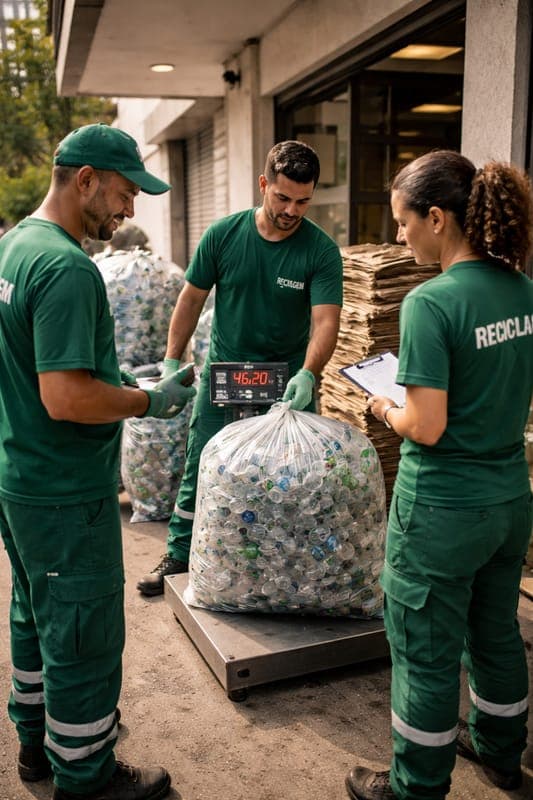 Equipe AmareloRecicla separando materiais recicláveis para compra em Curitiba