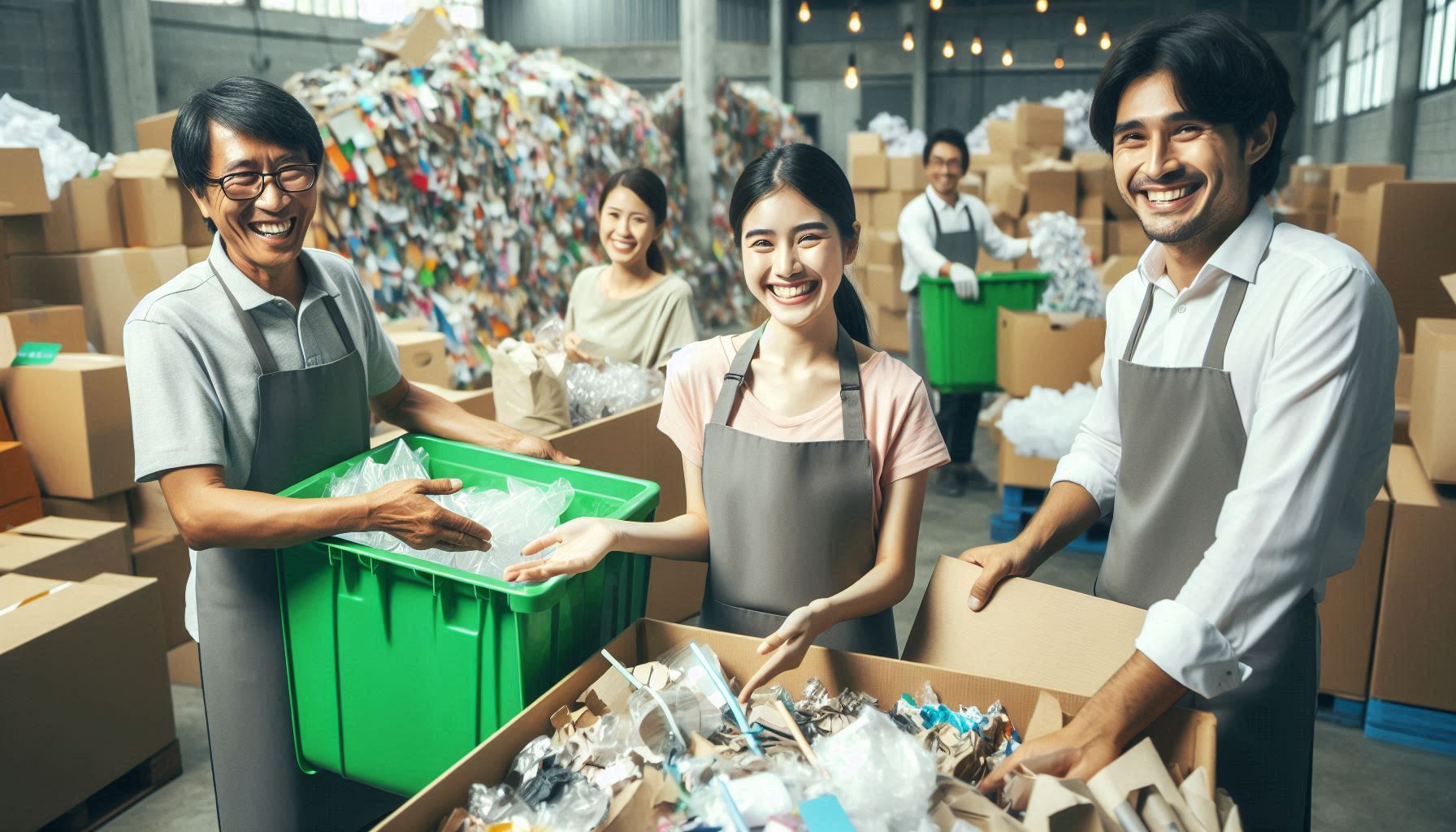 Funcionários da ReciclaEcoFlow reciclando papel e plástico em uma empresa sustentável.